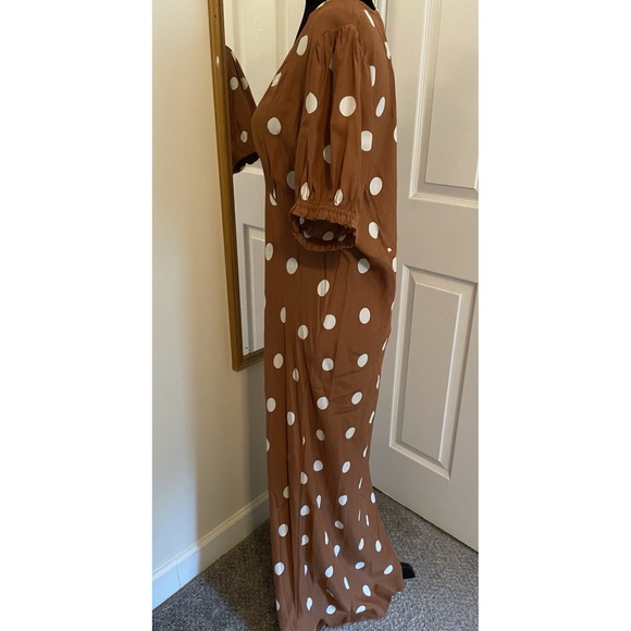 A New Day Women's Maxi Dress Brown Size Large Polka Dots plunge V-Neck Peasant - Picture 2 of 10